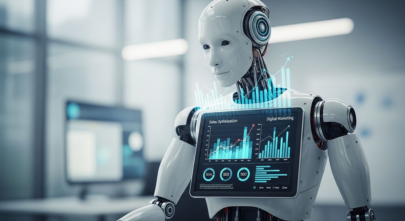 Robô com tela mostrando gráficos de marketing digital, simbolizando a IA em ação na otimização de vendas