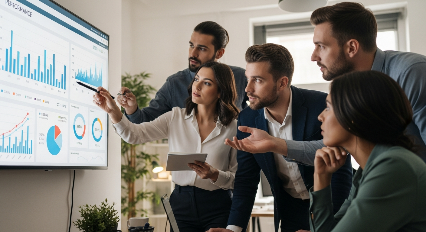 robô com tela de dados analisando métricas de marketing digital