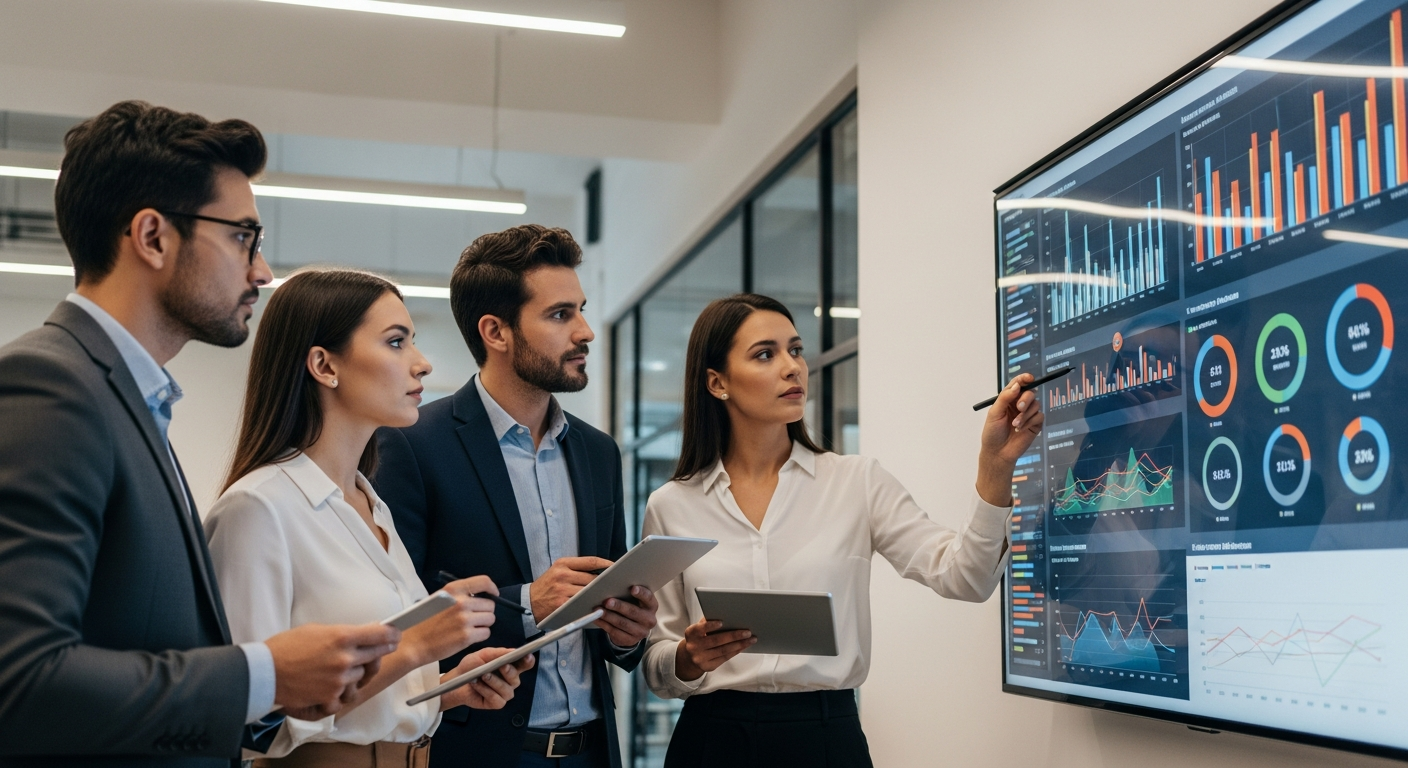 equipe de marketing digital analisando gráficos de performance em um monitor grande