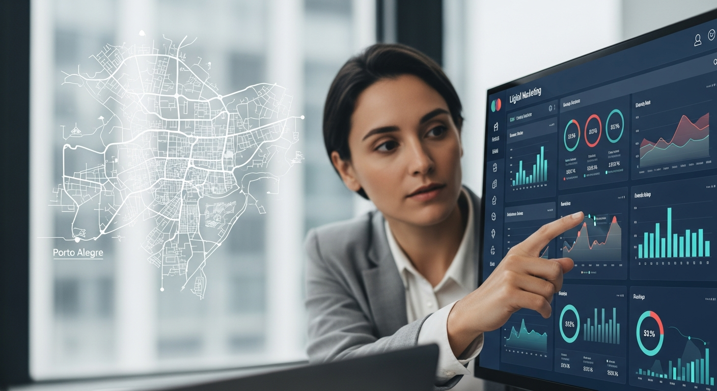 Pessoa analisando um dashboard de marketing digital com gráficos e dados, com um mapa estilizado de Porto Alegre ao fundo.