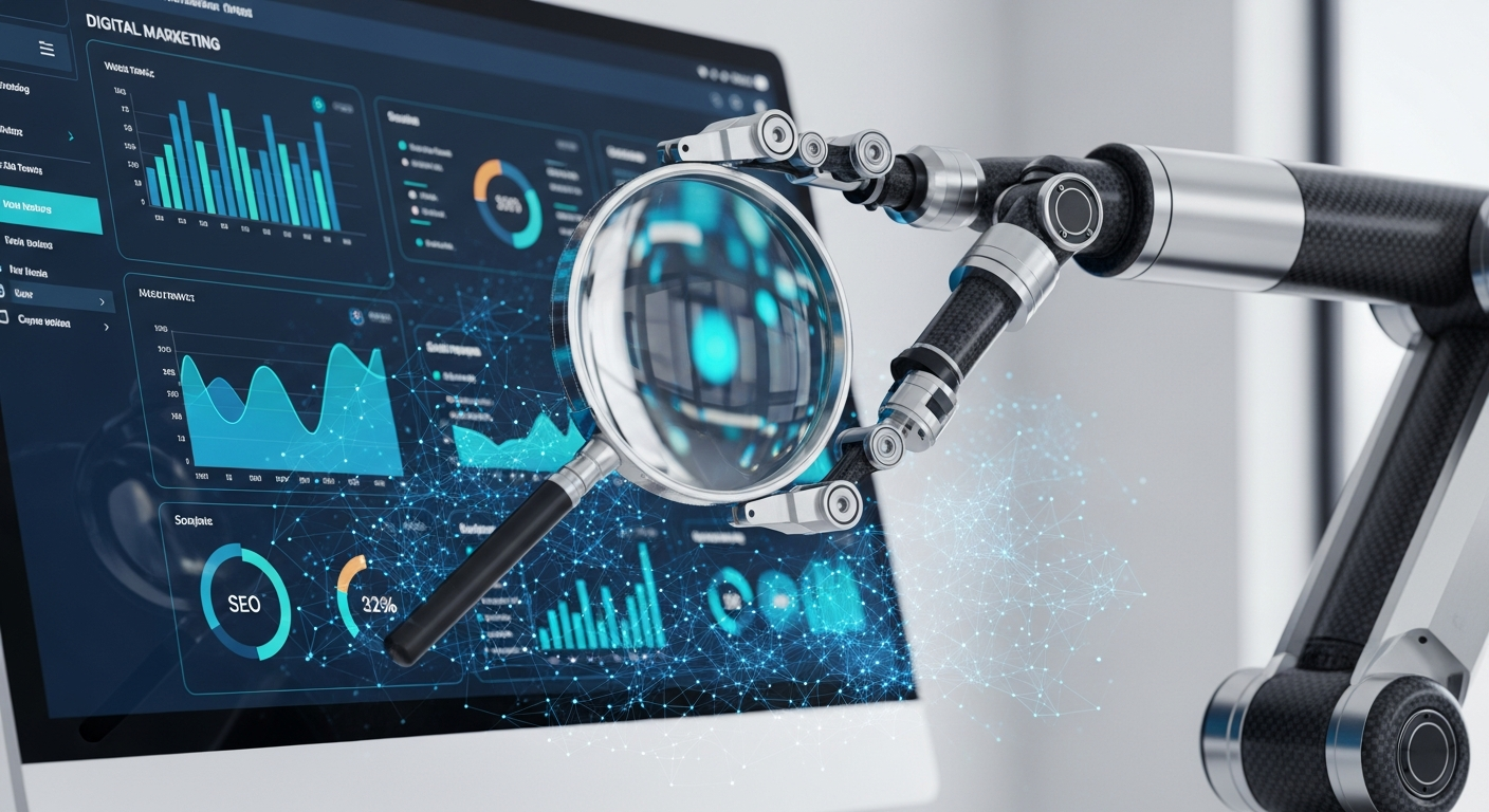 robotic arm holding a magnifying glass over a digital marketing dashboard, symbolizing AI-powered analysis