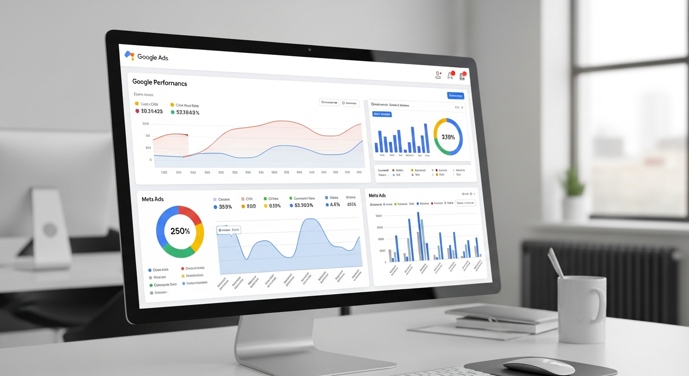 robô assistente virtual ajudando um profissional de marketing a otimizar anúncios