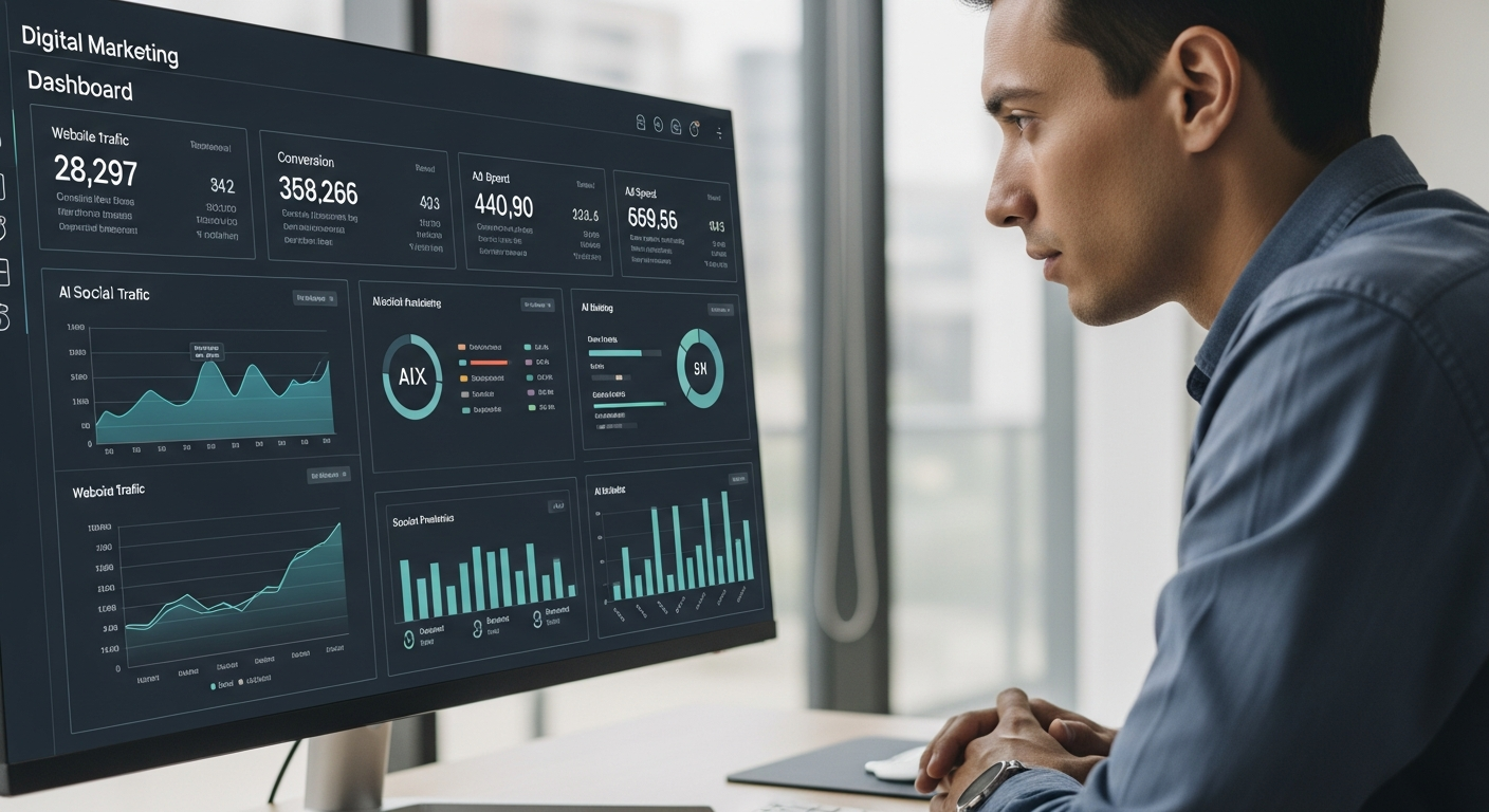 Pessoa analisando um dashboard de marketing digital com gráficos e métricas de IA