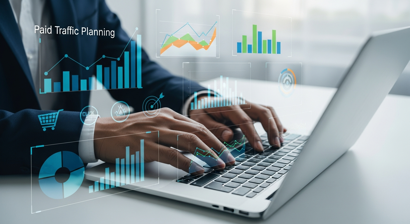 Pessoa digitando em um laptop com gráficos de marketing digital ao fundo, simbolizando o planejamento de tráfego pago.